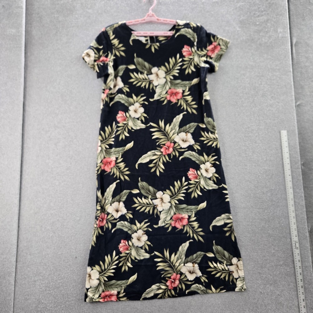VINTAGE Bishop St. Apparel Women Dress L Navy Floral Shift Hawaiian Short Sleeve